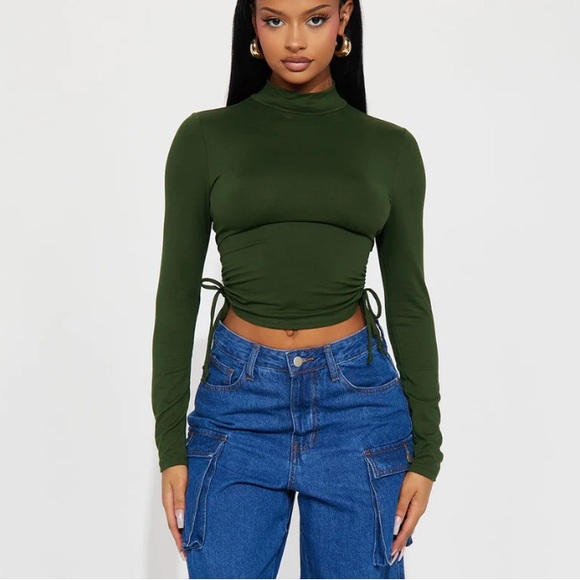 NWOT- 2 for $15- Fashion Nova Long Sleeves Ruched Tops- Black & Green - Picture 3 of 14